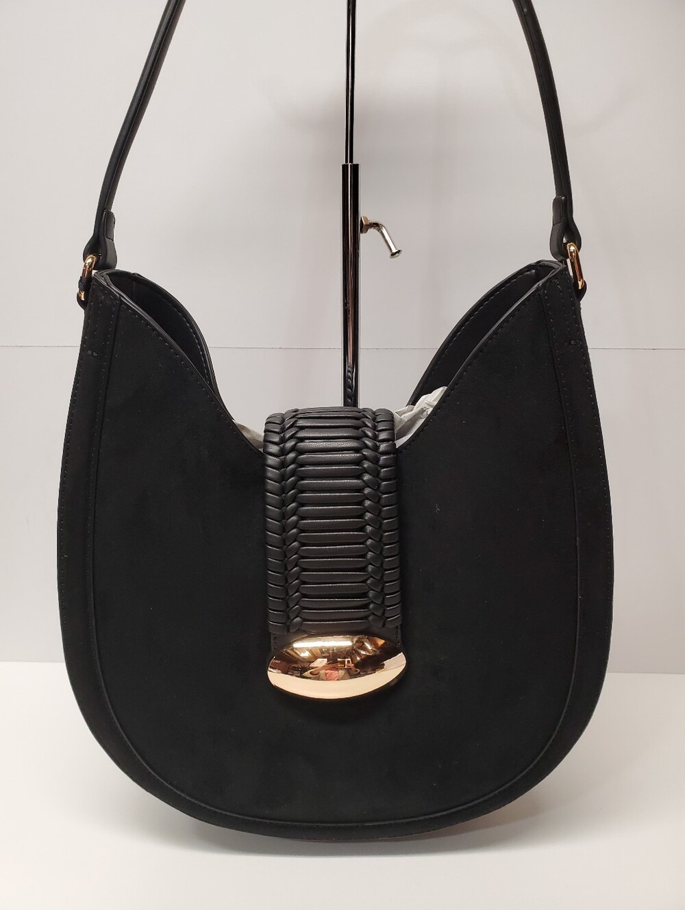Black Women's Faux Suede Hobo Shoulder Bag with Gold Accent